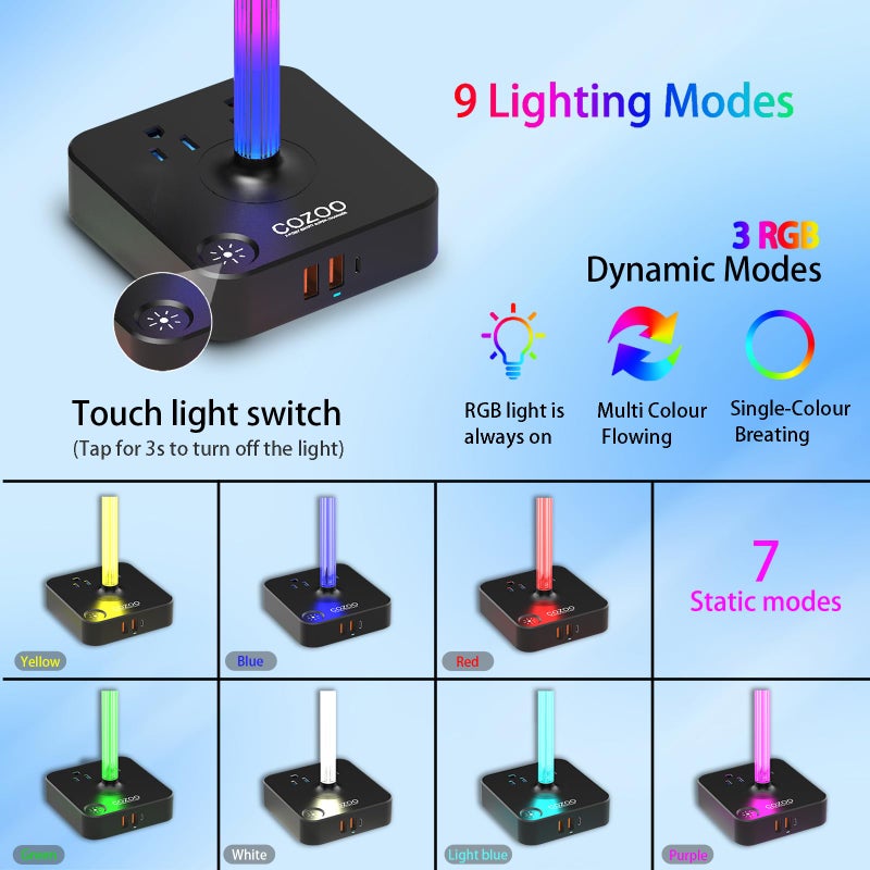 cozoo RGB Headphone Stand with USB Charger COZOO Desktop Gaming Headset Holder Hanger with 3 USB Charger and 2 Outlets - Great for Gaming, DJ, Wireless Earphone Display,Gamer PC Accessories Boyfriend Gifts - Image 3